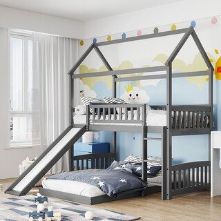 House Shaped Bunk Bed Twin over Twin size with Slide & Short Ladder ...