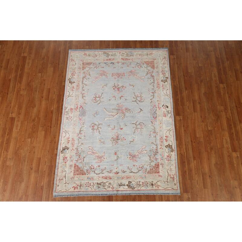 Hand Knotted Oriental 100% Wool Carpet Transitional Floral Navy Blue & Blues Oushak Area Rug - 6' 11'' X 4' 11''