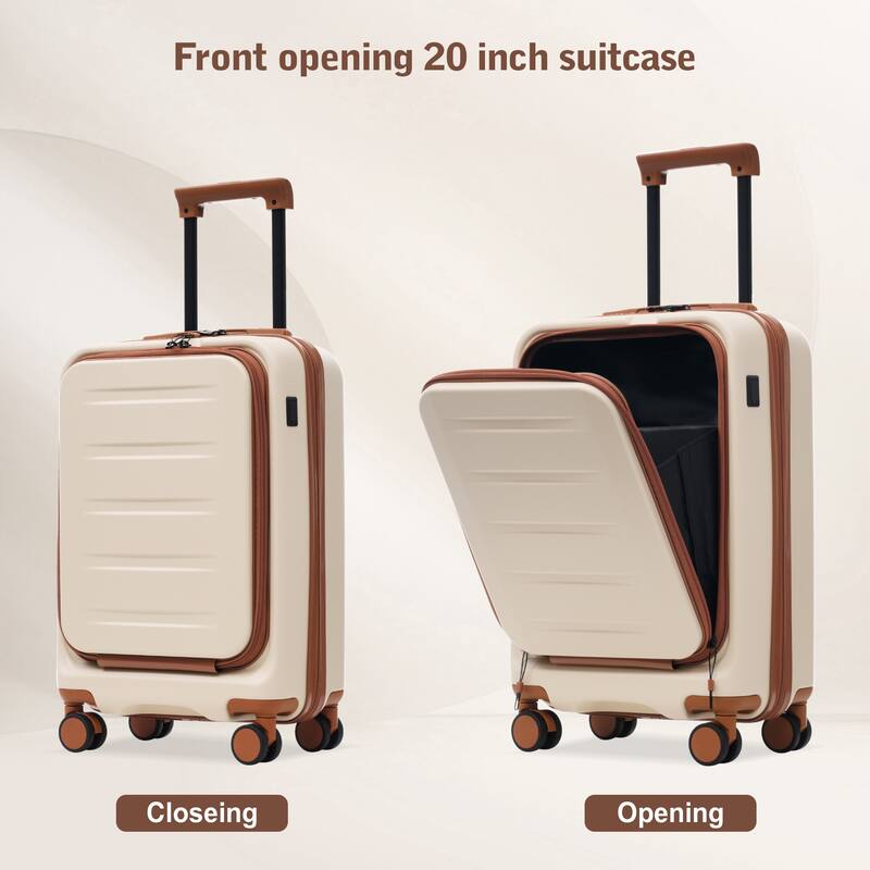 Luggage Sets 5 Piece with Front Opening, Hardside Expandable Carry On Suitcase Set with Double Spinner Wheel with USB Port