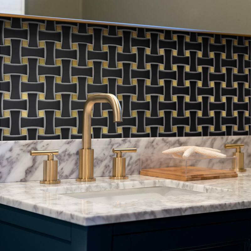 Merola Tile Metro Dog Bone Basketweave Matte Black with Glass Gold Dot 10" x 10" Porcelain Mosaic Wall Tile