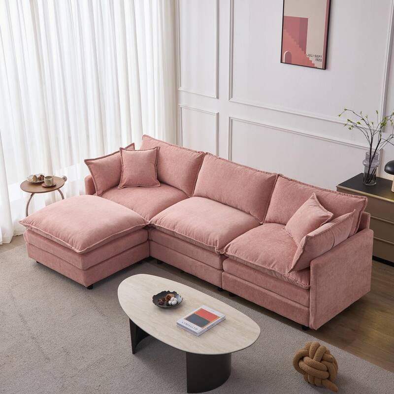 105" Modern L-Shaped Chenille Fabric Sectional Sofa with Ottoman - Pink