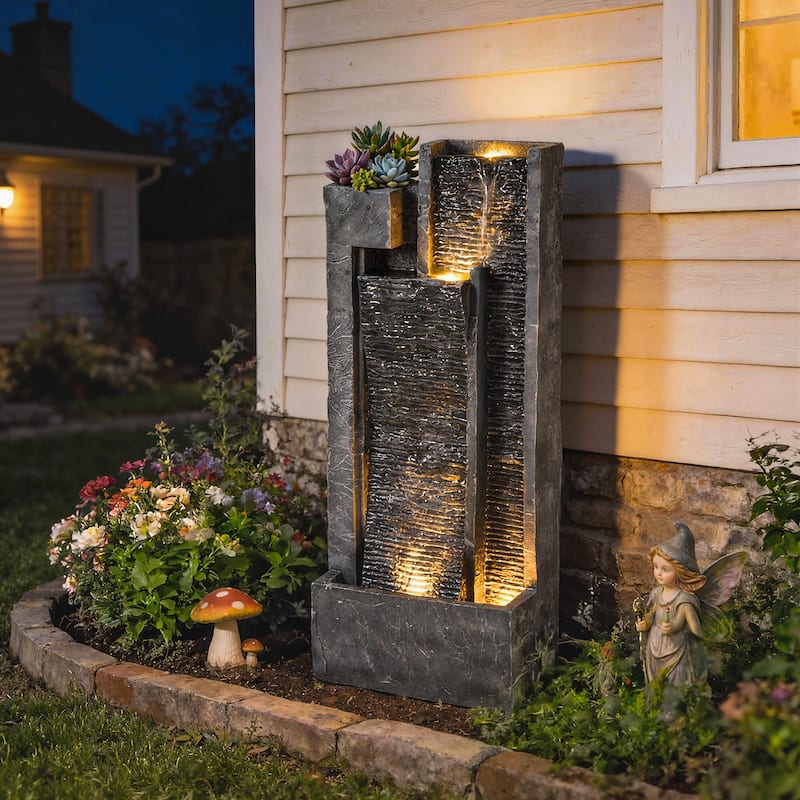 Outsunny 40" Tall Outdoor Waterfall Fountain with LED Lights and Planter, 3-Tier Cascading Waterfall Feature with Pump - Resin - Lighted - Grey