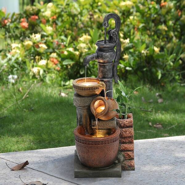 slide 2 of 12, 32.3" H Farmhouse Well Water Pump and Pots Resin Fountain with LED Lights