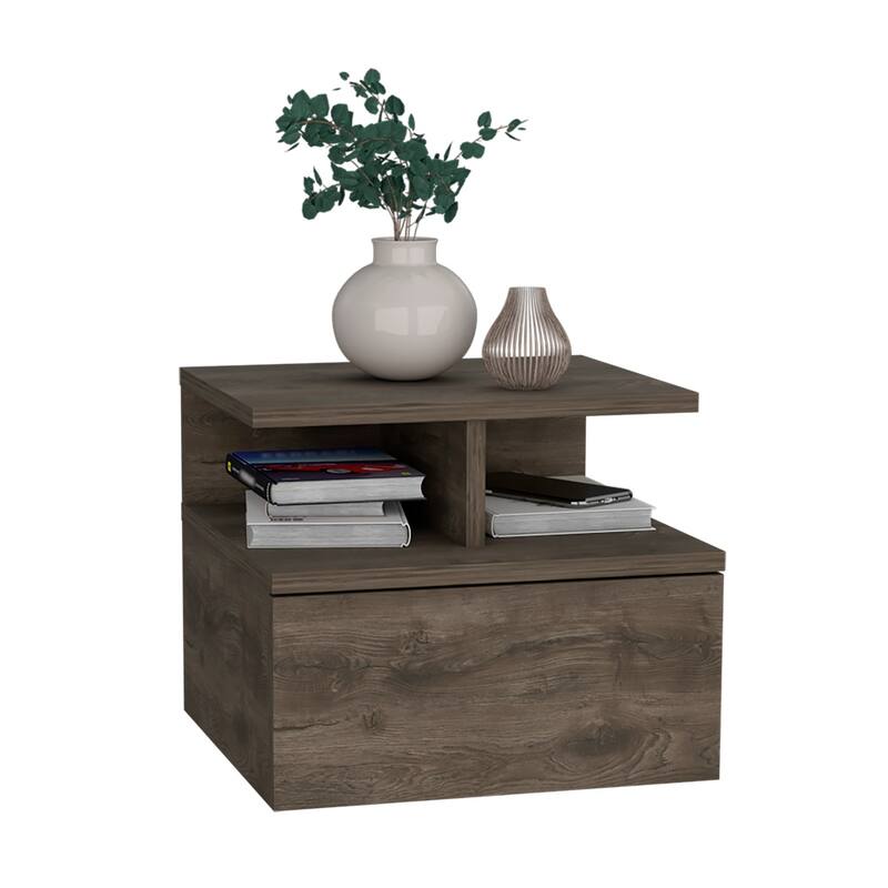 Floating Nightstand 12"H, Wall Mounted with Single Drawer and 2-Tier Shelf, Dark Walnut