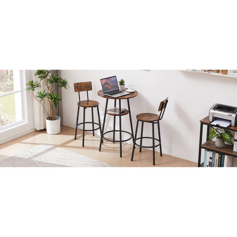 3-Piece Metal Frame Bar Dining Table Set with 2 Stools & Round Table