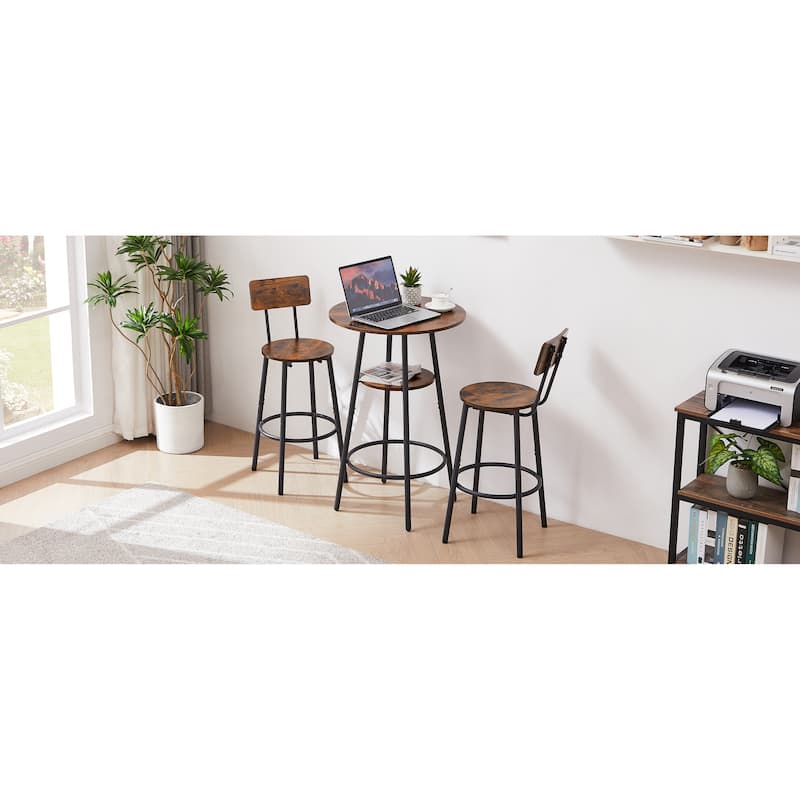 3 Pieces Round Bar Height Table and Chairs Set, Round Dining Table Set for Small Space, 2 Tier Kitchen Table and Bar Stools Set