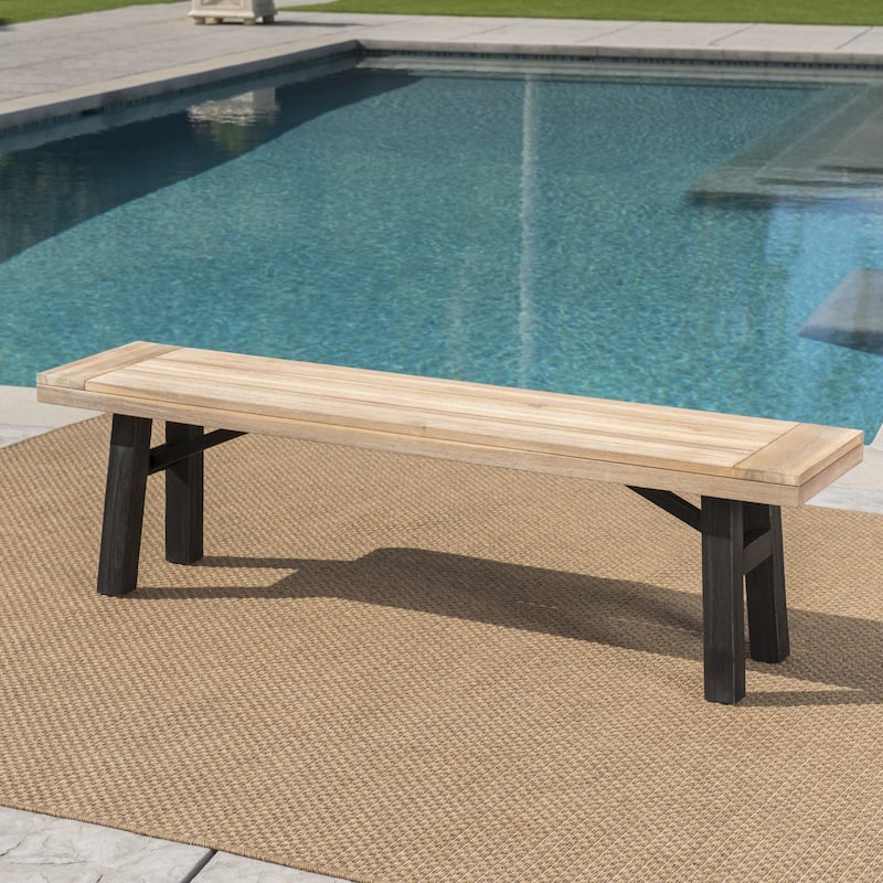 Outdoor Bench with Slat Panel Design and Acacia Wood Frame, Natural and Grey