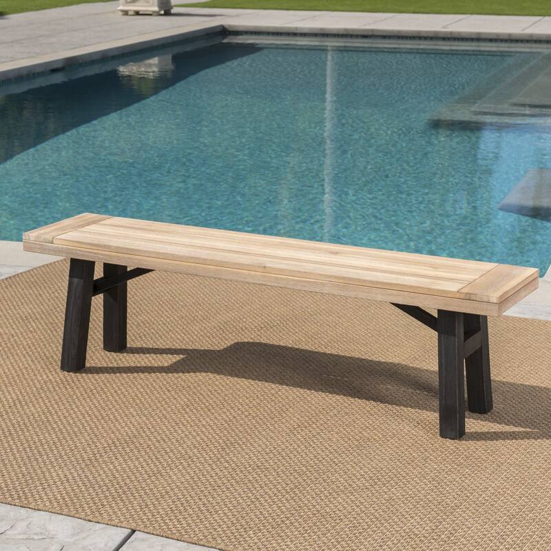 Roomfitters Outdoor Acacia Wood Patio Bench with Slat Panel Seat and Black Metal Legs