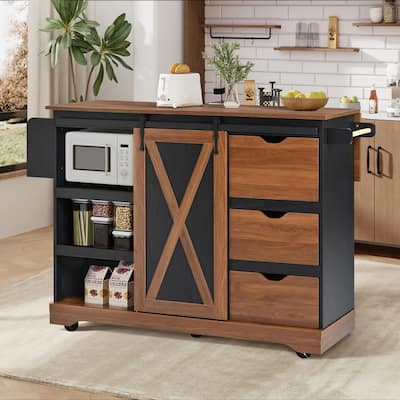 55.5" Farmhouse Kitchen Island with Drop Leaf, Rolling Kitchen Cart on Wheels with Spice Rack