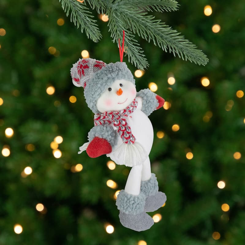 14" Gray and Red Plush Snowman Hanging Christmas Ornament