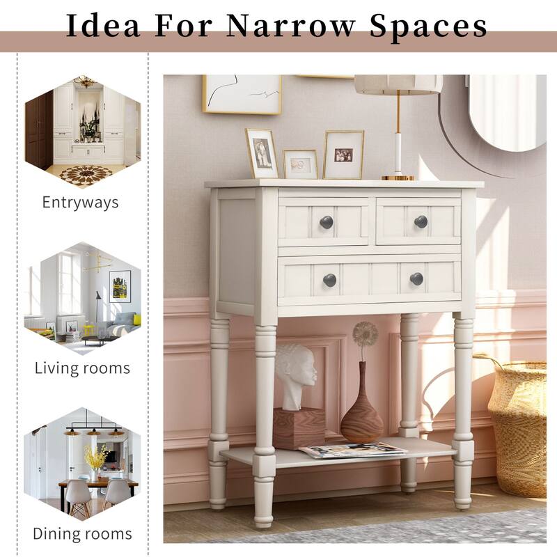 Cusp Barn Narrow Console Table, Slim Sofa Table with Three Storage Drawers and Bottom Shelf for Living Room, Easy Assembly