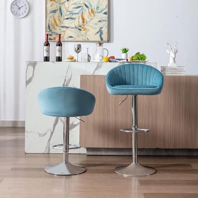 2 Pc Velvet Adjustable Bar Stools Ergonomic Dining Chair with Footrest