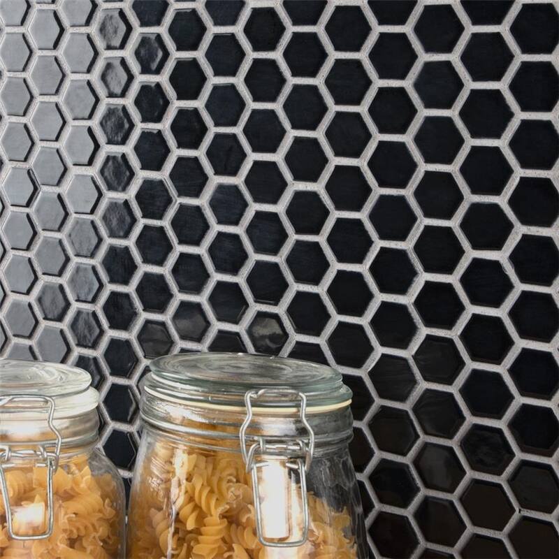 Merola Tile Metro 1" Hex Glossy Black 10-1/4"x11-7/8" Porcelain Mosaic Tile