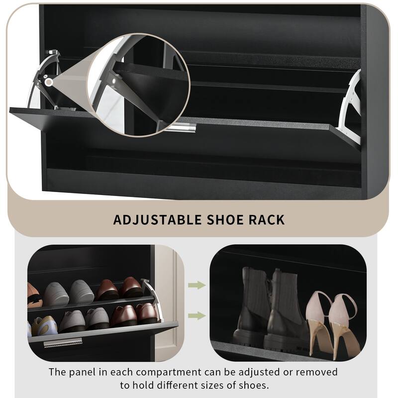 Contemporary Shoe Rack Storage Cabinet with Adjustable Shelves, Tempered Glass Top and LED Lighting, for Hallway Organize