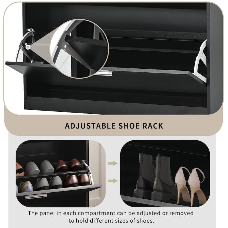 Slim Hidden Shoe Cabinet with 2 Flip Drawers, Tempered Glass Top Shoe Storage Cabinet, Freestanding LED Light Shoe Rack