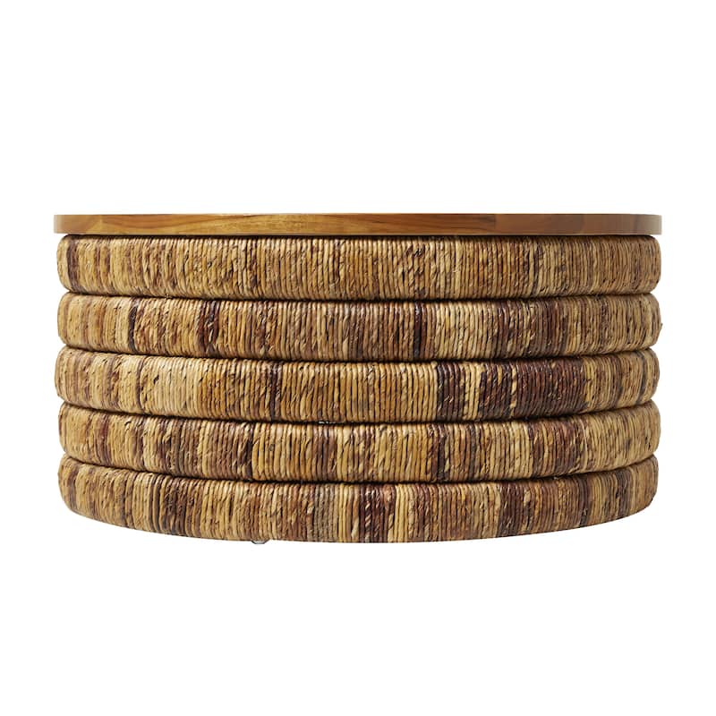 Seagrass Handmade Linear Wrapped Side End Accent or Coffee Table with Teak Wood Top - Brown - Roche River Décor