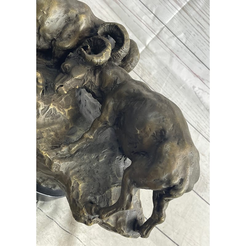 Two Rams Butting Heads Bronze Sculpture Statue Signed Art On Marble Base