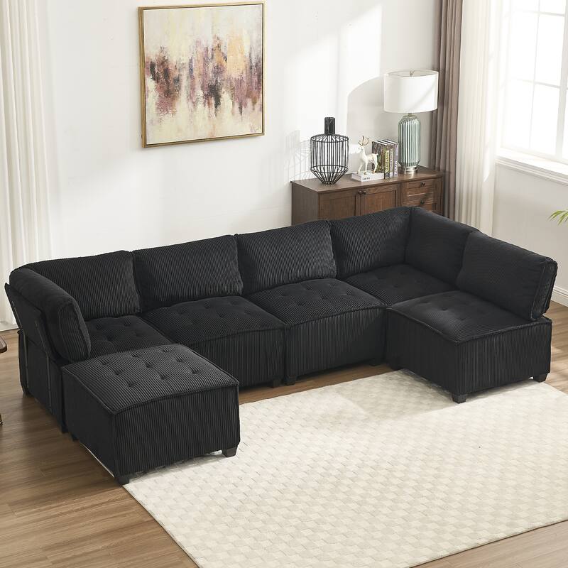 Ergonomic Lounge Modular Couch Corduroy Sectional Sofa with Deep Seat Ottoman Chaise and High-Rebound Thick Cushions