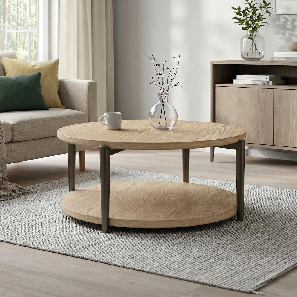Furniture of America Tayen Modern Natural Round 1-Shelf Coffee Table with Casters