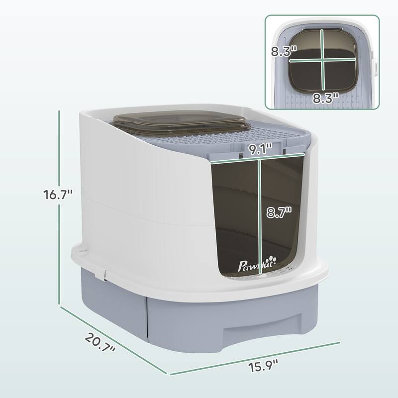 PawHut Cat Litter Box with Lid, Covered Kitty Litter Box Enclosed with Scoop, Drawer, Top Entry, Deodorizing Bags, Gray