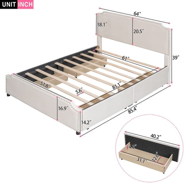 Queen Upholstered Velvet Platform Bed Storage Bedframe with 4 Drawers ...