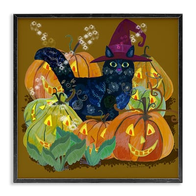 Stupell Cat with Jack-o-Lanterns Framed Giclee Art Design By Kay Widdowson
