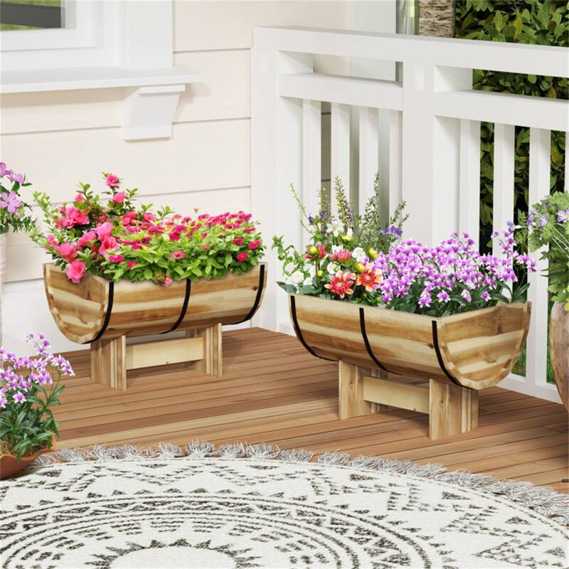 Outdoor Wooden Planter Solid Acacia Wood Half-Barrel Planter Box With Legs - Natural - 18" x 12" x 11.5"