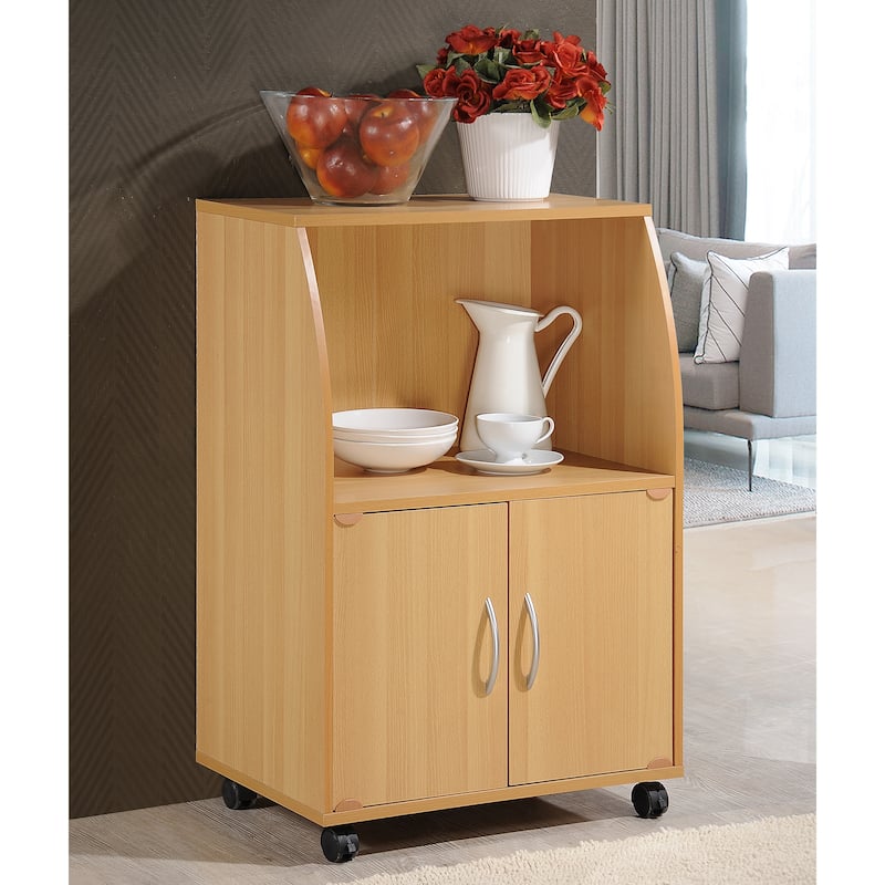 Hodedah Wooden Mini Wheeled Microwave Island Cart with Cabinet Storage, Beech - 33.07