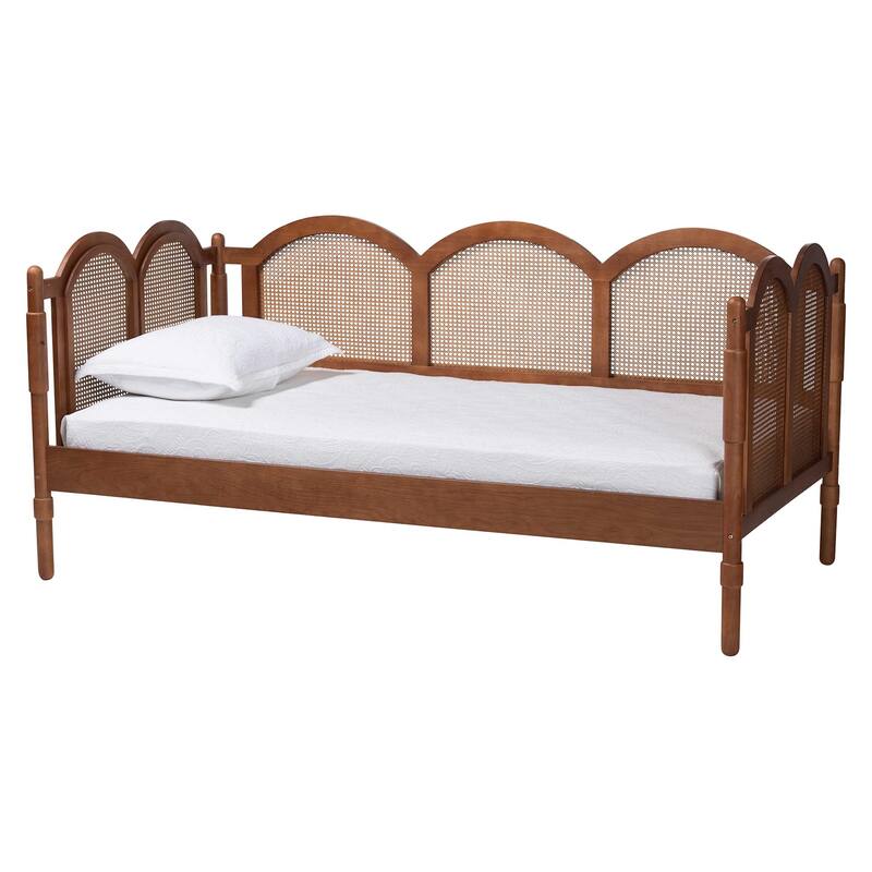 Carmiya Scalloped Daybed - Twin Size Wood Frame with Rattan Panels, Arched Boho Coastal Style Bed for Living Room or Bedroom - Walnut Brown