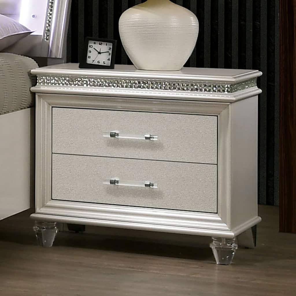 Classic Pearl White 1pc Solid Wood Nightstand w/ 2 Drawers & Acrylic Legs for Bedroom