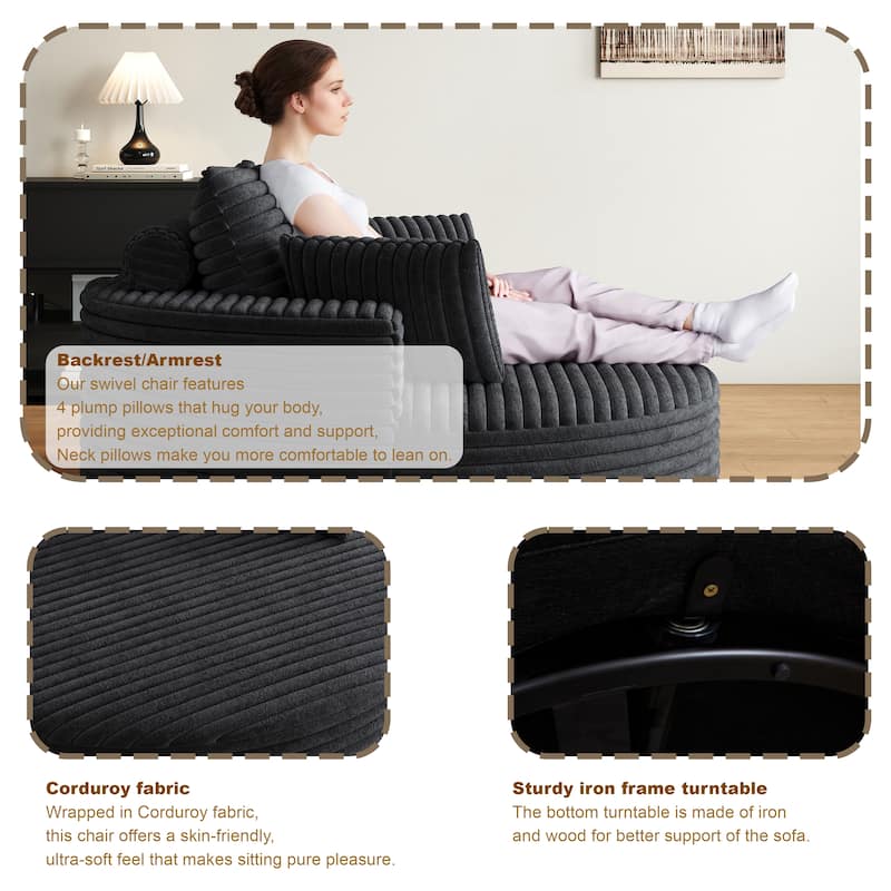 55''L Corduroy Chenille Foam Single Swivel Chair, Fluffy Modern Sleeper, 360 Degree Swivel Chair