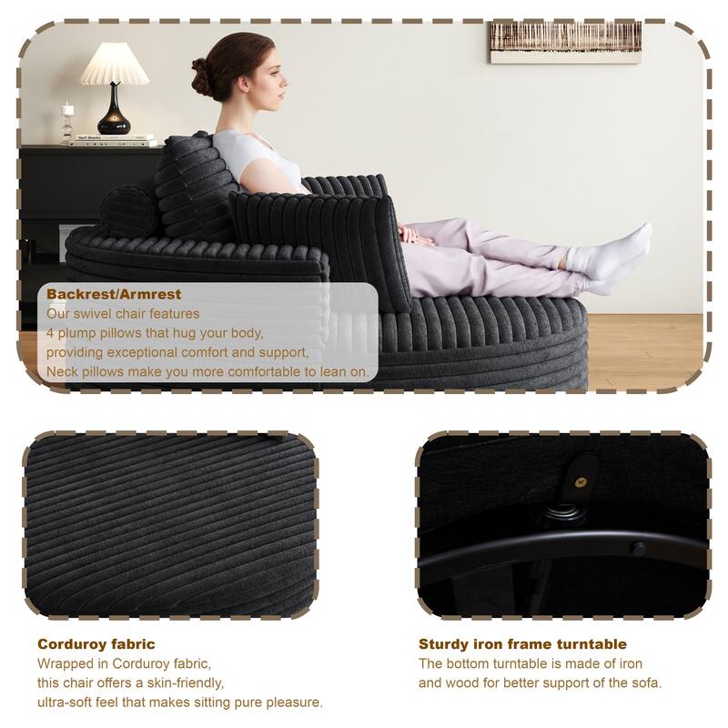 Oversized Swivel Accent Chair, Corduroy Round Lounge Sofa Chair, Upholstered Reading Armchair with Back Cushion & 2 Pillows