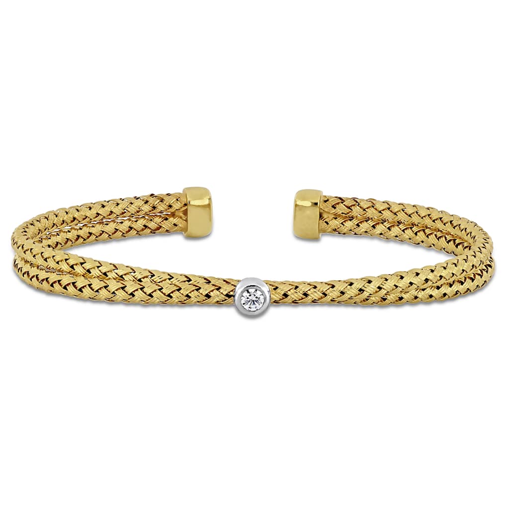 Miadora Cubic Zirconia Accent Double Row Crossover Stretch Bangle Two-Tone Sterling Silver - Yellow