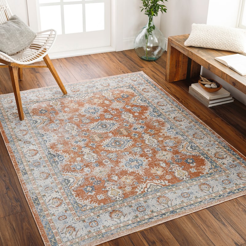 Livabliss Lillian Machine Washable Floral Medallion Area Rug - Rust/Blue - 6'7" Round
