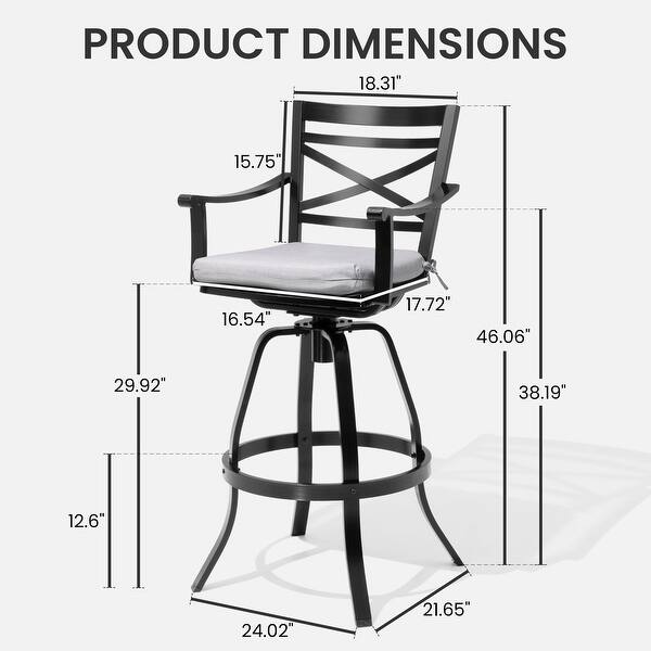 dimension image slide 7 of 15, Outdoor Cast Aluminum Sunbrella Swivel Bar Stools Patio Bar Height Barstools with Back