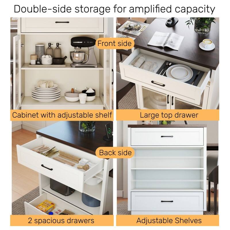 Extendable Kitchen Island with Slide Out Table and Double-Sided Storage for Home and Dining Use
