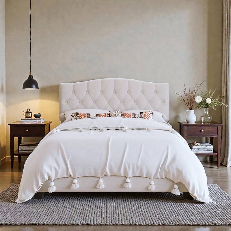 Upholstered Platform Bed with Adjustable Saddle-Curved Diamond Tufted Headboard, Wooden Slats and Metal Support - Beige - Queen