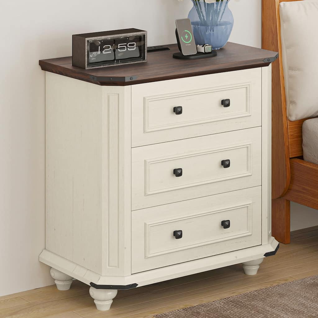 Farmhouse End Table, Sofa Side Table with Charging Station