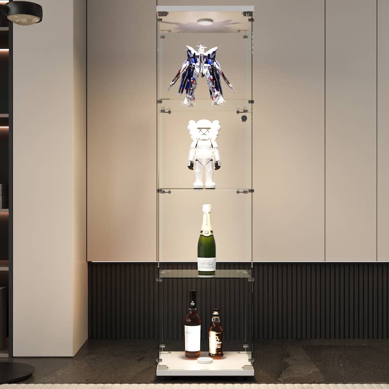 LED lights Glass Display Cabinet 4 Shelves with Door, Floor Standing Curio Bookshelf