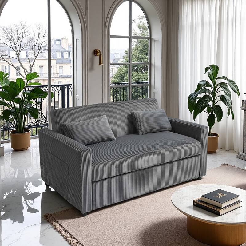 Convertible Sofa Bed 3-in-1 Sleeper Sofa Pull-Out Bed with Adjustable Backrest and Pillows, Corduroy Loveseat for Living Room