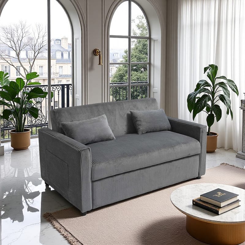 Velvet Sleeper Sofa with Adjustable Backrest, Pull-Out Loveseat Sofa Bed Couch with Storage & Lumbar Pillows - Grey