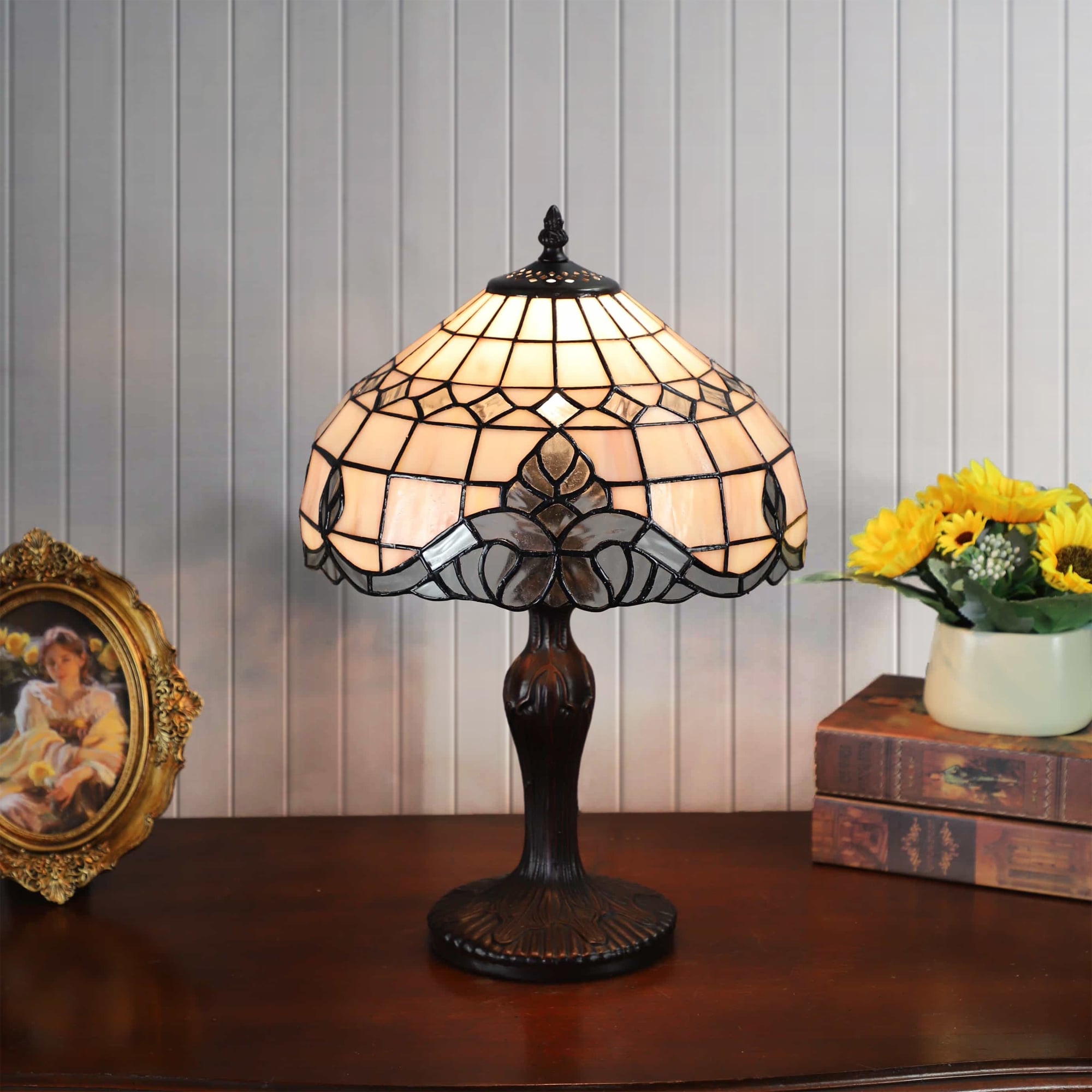 Warehouse of Tiffany Crasine 14 in. 1 Light Indoor Bronze and White Finish Table Lamp