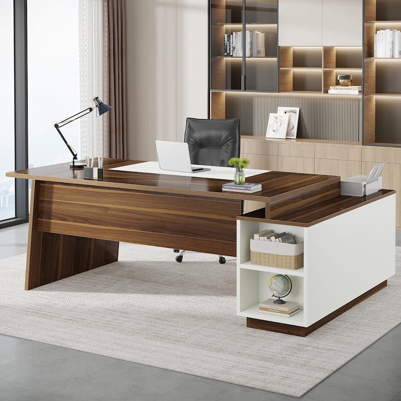 70.5" L-Shaped Executive Office Desk with Storage Cabinet & Shelves, Walnut & White