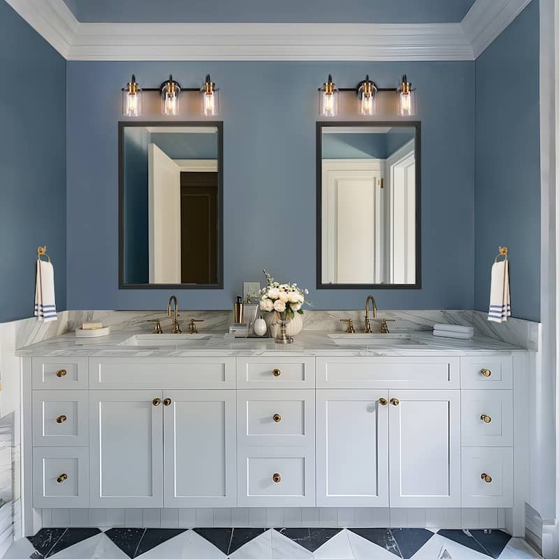 Modern Classic 3-Light Black Bathroom Vanity Light Fixture Gold Brass Wall Sconces with Cylinder Glass - 21" L x 6.5" W x 9" H