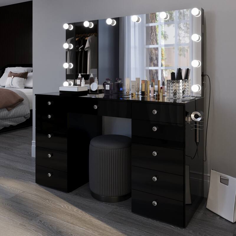 Boahaus Elle Makeup Vanity with Bluetooth Speaker, 12 Lights, and 11 Drawers