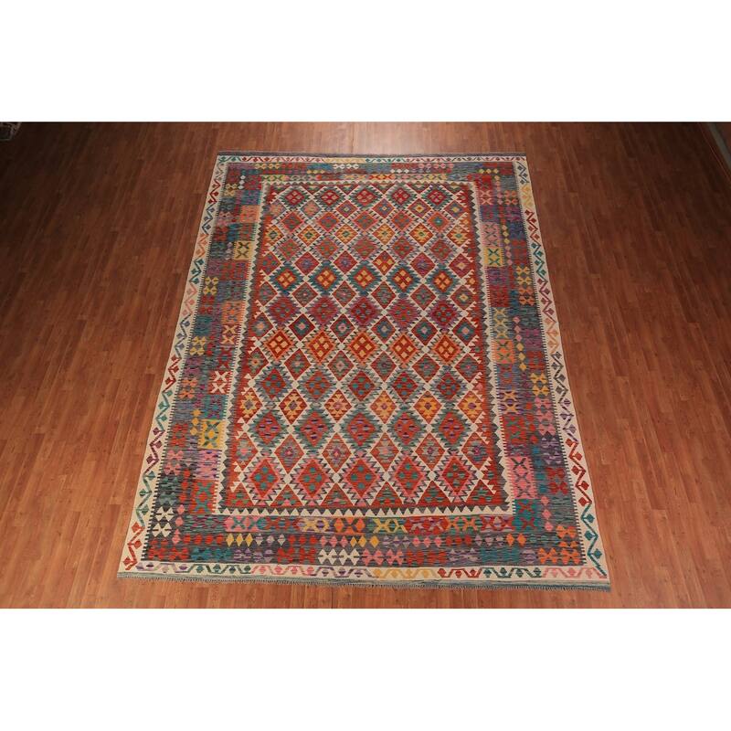 South Western Kilim Oriental Area Rug Flatweave Geometric Wool Carpet - 10'2" x 13'4"