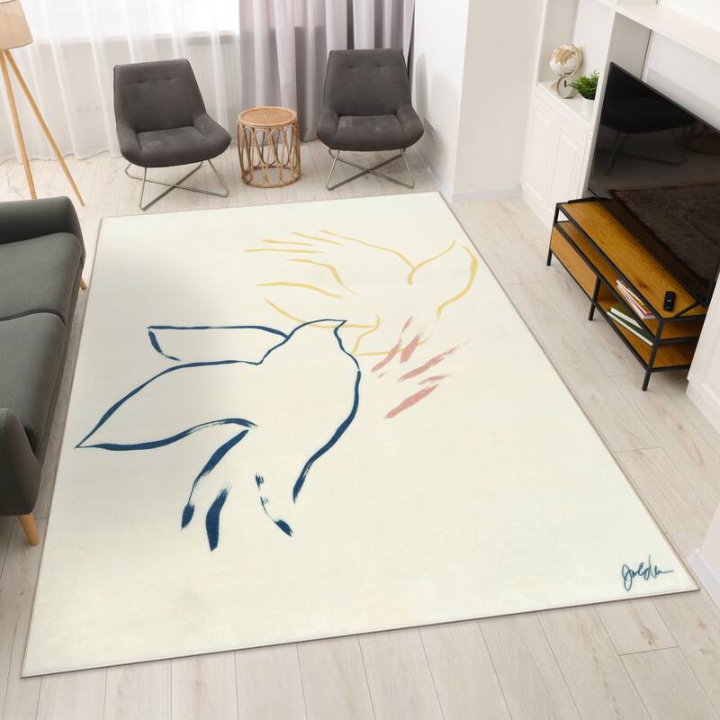 Abstract Flock, Hand Washable Art Area Rug, power-loomed, 100% polyester, 2mm pile, non-slipping back - 7.5' x 10.3'