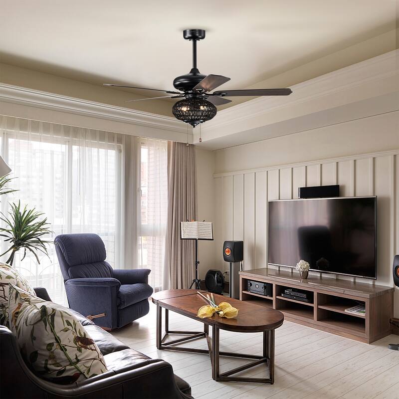 Riconic 52-Inch Matte Black Lighted Ceiling Fan with Weaved Rope Shade