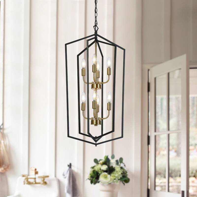 Modern 8-Light Geometric Chandelier Black Copper Lantern Pendant for Kitchen Dining Room - 17.7 " × 14.3 " × 34.3 "