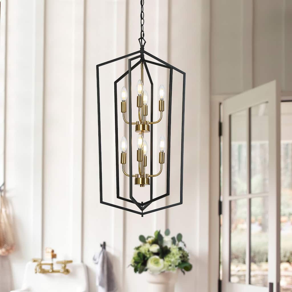 Modern 8-Light Geometric Chandelier Black Copper Lantern Pendant for Kitchen Dining Room - 17.7 " × 14.3 " × 34.3 "